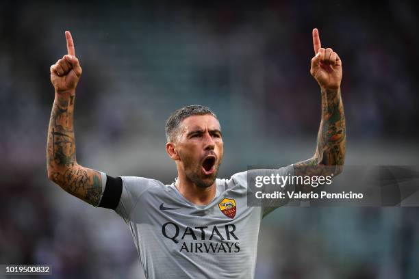 Aleksandar Kolarov of AS Roma celebrates victory at the end of the Serie A match between Torino FC and AS Roma at Stadio Olimpico di Torino on August...