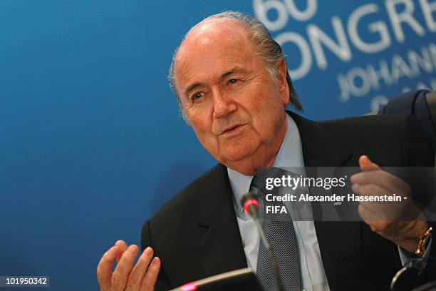 President Joseph S. Blatter talks to media during a press conference after the 60th FIFA Congress at Sandton Convention Center on June 10, 2010 in...