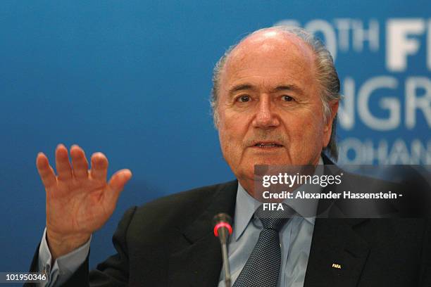President Joseph S. Blatter talks to media during a press conference after the 60th FIFA Congress at Sandton Convention Center on June 10, 2010 in...