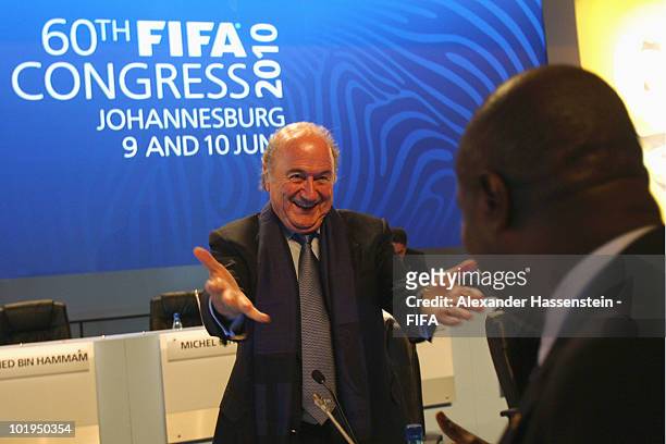President Joseph S. Blatter talks to delegate after the 60th FIFA Congress at Sandton Convention Center on June 10, 2010 in Sandton, South Africa.