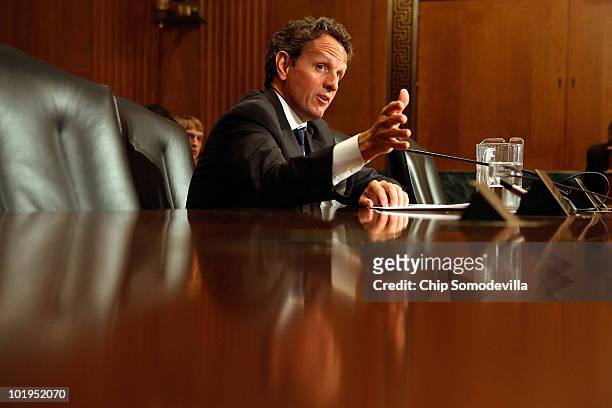 Treasury Secretary Timothy Geithner testifies before the Senate Finance Committee on Capitol Hill June 10, 2010 in Washington, DC. Geithner was...