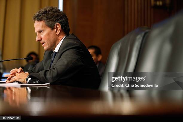 Treasury Secretary Timothy Geithner testifies before the Senate Finance Committee on Capitol Hill June 10, 2010 in Washington, DC. Geithner testified...