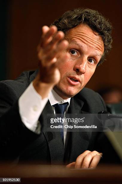 Treasury Secretary Timothy Geithner testifies before the Senate Finance Committee on Capitol Hill June 10, 2010 in Washington, DC. Geithner testified...