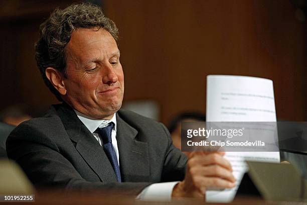 Treasury Secretary Timothy Geithner testifies before the Senate Finance Committee on Capitol Hill June 10, 2010 in Washington, DC. Geithner testified...