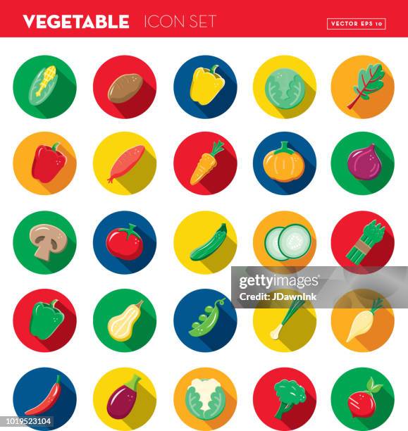 vegetables flat design themed icon set with shadow - red bell pepper stock illustrations