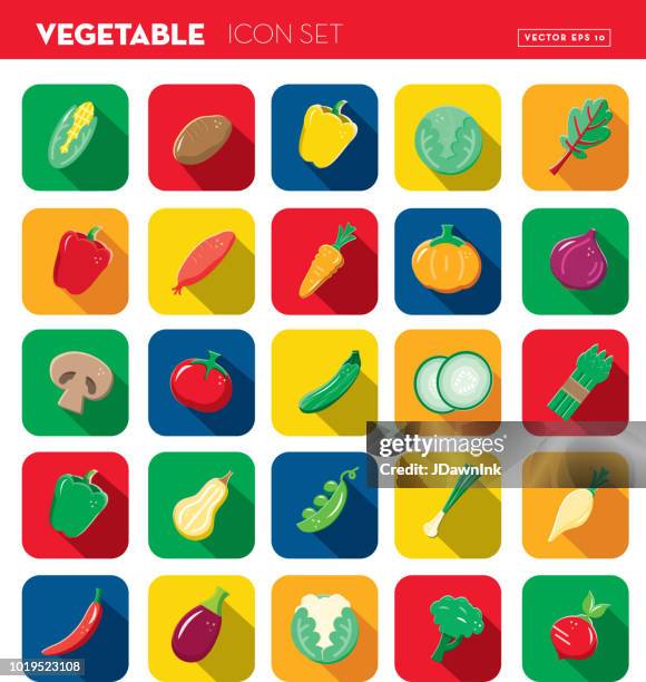 vegetables flat design themed icon set with shadow - spring onion stock illustrations