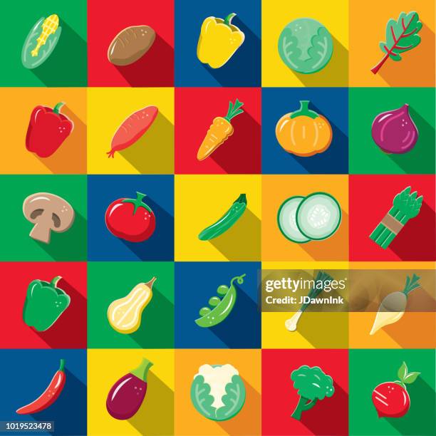vegetables flat design themed icon set with shadow - spring onion stock illustrations