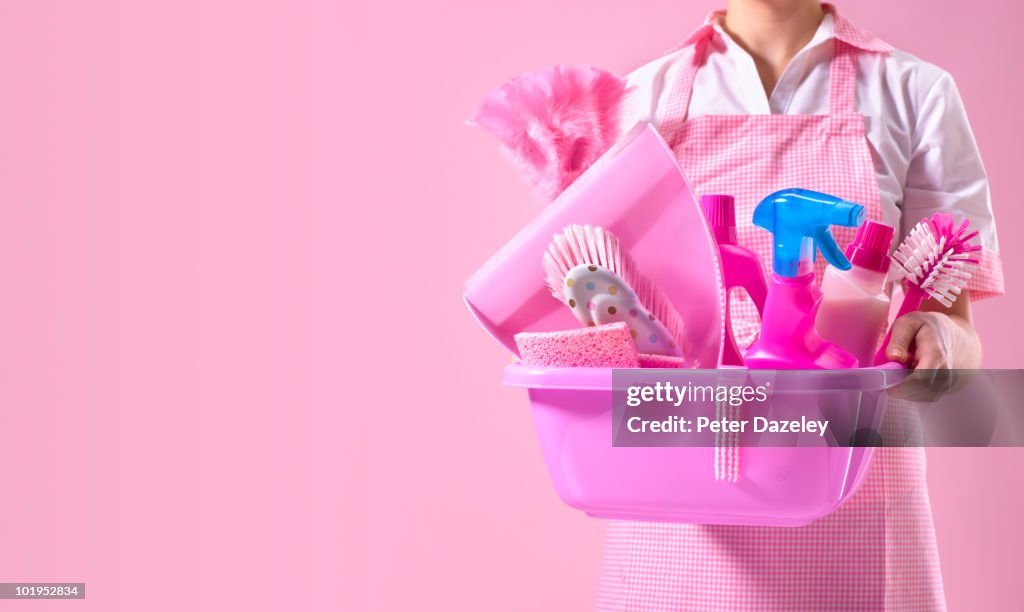 Spring cleaner with pink cleaning equipment