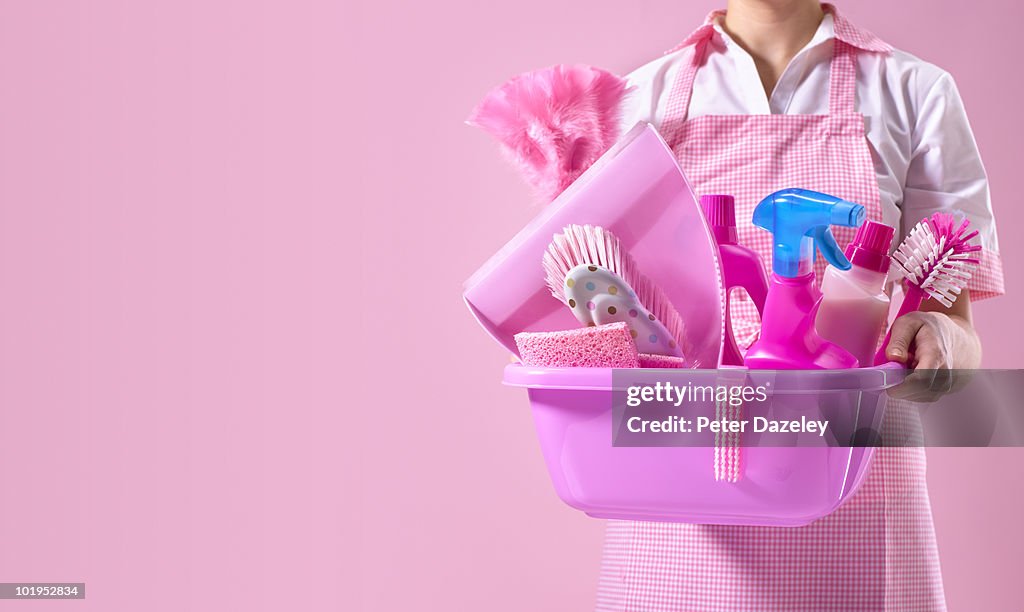 Spring cleaner with pink cleaning equipment
