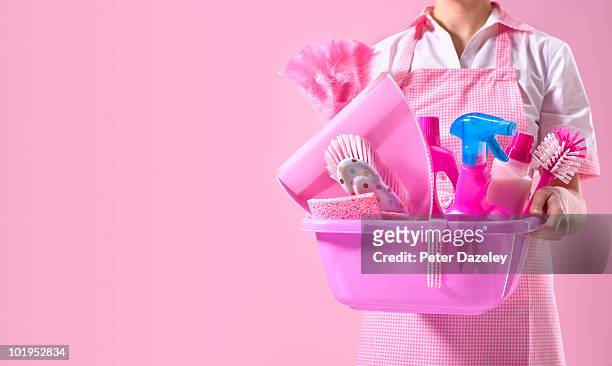 spring cleaner with pink cleaning equipment - hushållssyssla bildbanksfoton och bilder