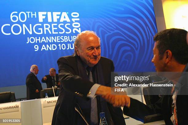 President Joseph S. Blatter talks to delegate after the 60th FIFA Congress at Sandton Convention Center on June 10, 2010 in Sandton, South Africa.