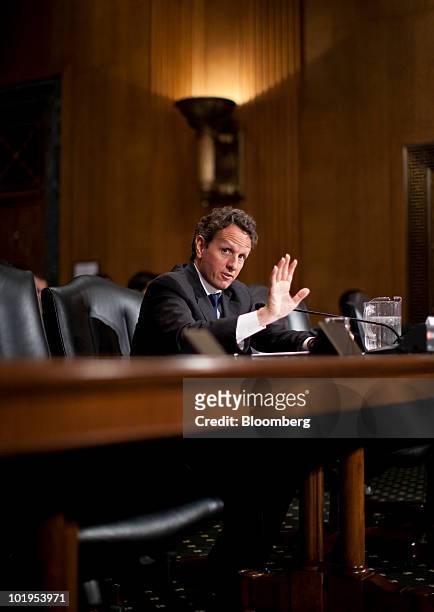 Timothy Geithner, U.S. Treasury secretary, testifies at a Senate Finance Committee hearing in Washington, D.C., U.S., on Thursday, June 10, 2010....