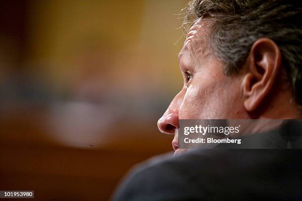 Timothy Geithner, U.S. Treasury secretary, testifies at a Senate Finance Committee hearing in Washington, D.C., U.S., on Thursday, June 10, 2010....