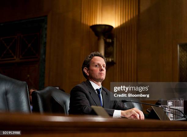 Timothy Geithner, U.S. Treasury secretary, testifies at a Senate Finance Committee hearing in Washington, D.C., U.S., on Thursday, June 10, 2010....