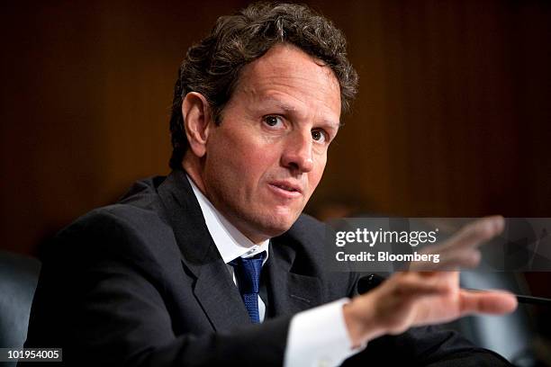 Timothy Geithner, U.S. Treasury secretary, testifies at a Senate Finance Committee hearing in Washington, D.C., U.S., on Thursday, June 10, 2010....