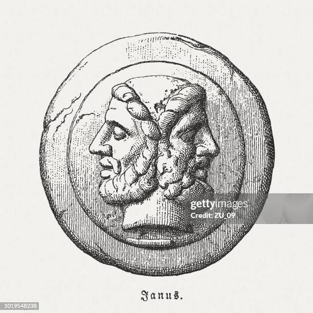 janus, roman god of beginnings and endings, woodcut, published 1897 - janus head stock illustrations