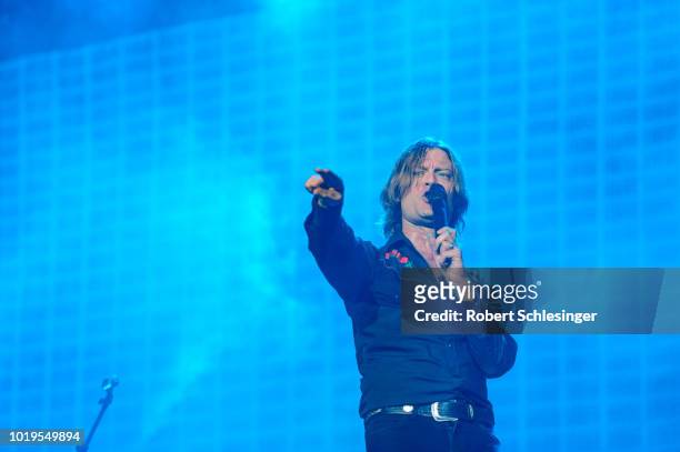 Bjorn Dixgard of Mando Diao performs live on stage during day 3 of the Highfield Festival at Stoermthaler See on August 19, 2018 in Leipzig, Germany.
