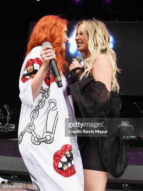 Bella Thorne and Tana Mongeau perform onstage during Day 2 of Billboard Hot 100 Festival 2018 at Northwell Health at Jones Beach Theater on August...