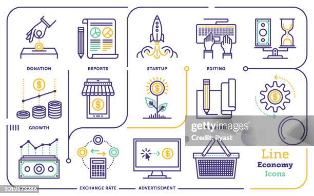 stockillustraties, clipart, cartoons en iconen met economie lijn icon set - bank cartoon