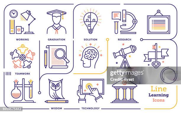 ilustraciones, imágenes clip art, dibujos animados e iconos de stock de conjunto de iconos de línea de aprendizaje - teacher desk