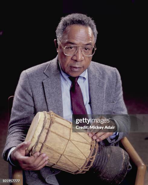 Author Alex Haley poses with ancient African drum at the Turnbull Conference Center on the campus of Florida State University in 1985 in Tallahassee,...