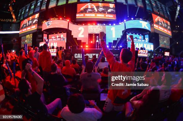 Fans cheer as Faze Clan competes against Team Kaliber for the final spot in the Grand Finals during the 2018 Call of Duty World League Championship...