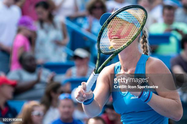 Kiki Bertens of the Netherlands celebrates her win over Simona Halep of Romania during the women's final on Day 8 of the Western and Southern Open at...