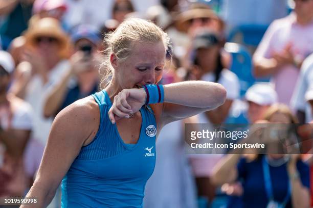 Kiki Bertens of the Netherlands cries tears of joy after her win over Simona Halep of Romania during the women's final on Day 8 of the Western and...