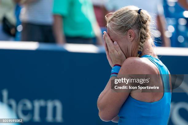 Kiki Bertens of the Netherlands cries tears of joy after her win over Simona Halep of Romania during the women's final on Day 8 of the Western and...