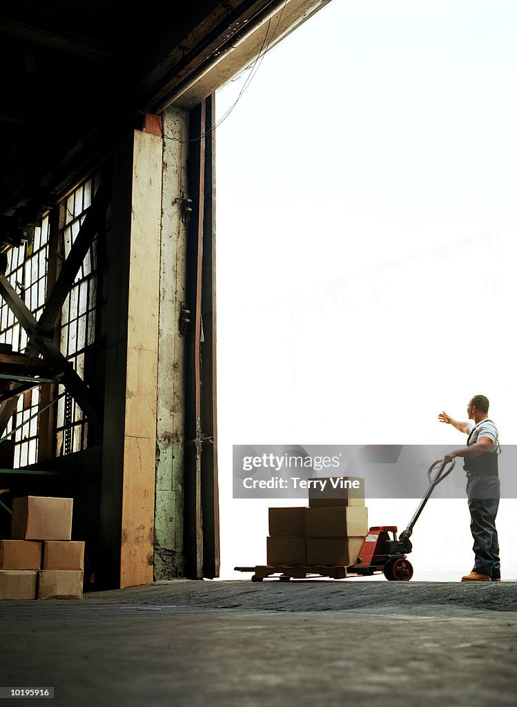 Man holding flatbed dolly with boxes in warehouse