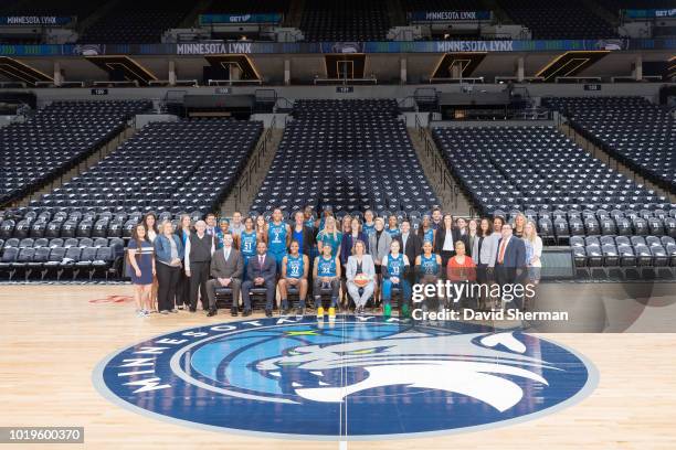 The Minnesota Lynx pose for a team photo before the game against the Washington Mystics on August 19, 2018 at Target Center in Minneapolis,...