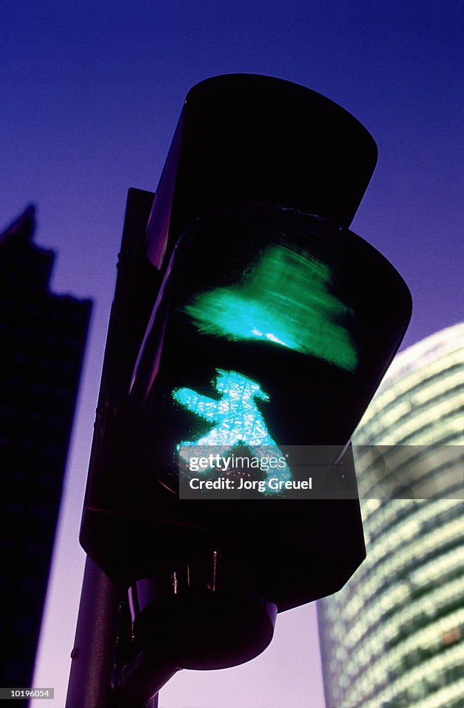 Pedestrian traffic lights, dusk, close-up