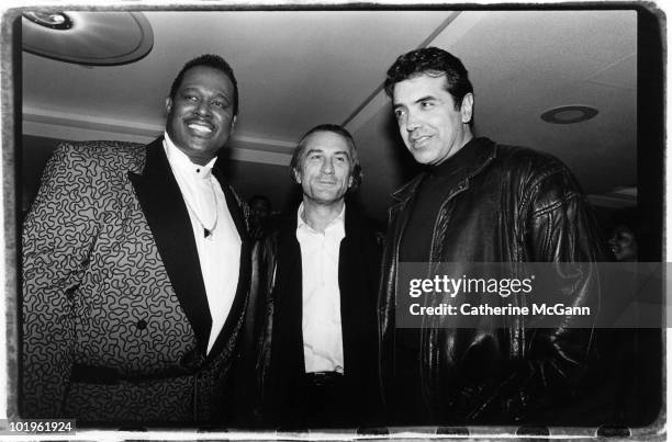 Luther Vandross (1951-2005, Robert DeNiro and Chazz Palminteri pose for a photo at a party in New York City, New York.