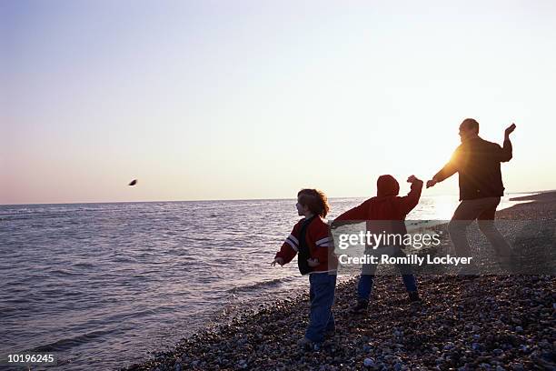 father and sons (5-10) throwing stones into ocean at sunset - skimming stones stock pictures, royalty-free photos & images