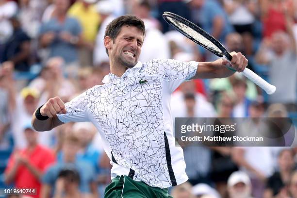 Novak Djokovic of Serbis celebrates his win over Roger Federer of Switzerland during the men's final of the Western & Southern Open at Lindner Family...