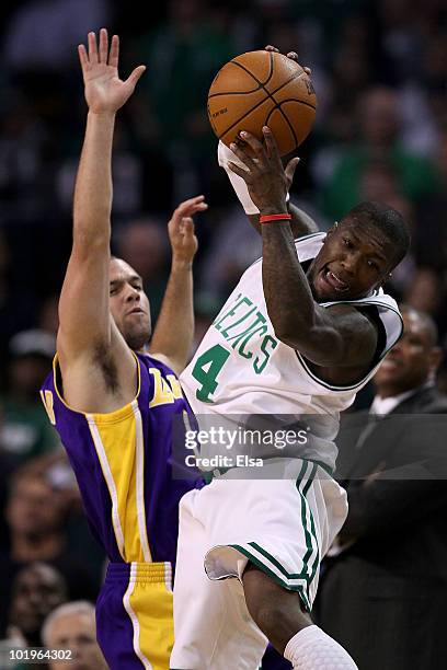 Nate Robinson of the Boston Celltics grabs the ball over Jordan Farmar the Los Angeles Lakers during Game Four of the 2010 NBA Finals on June 10,...