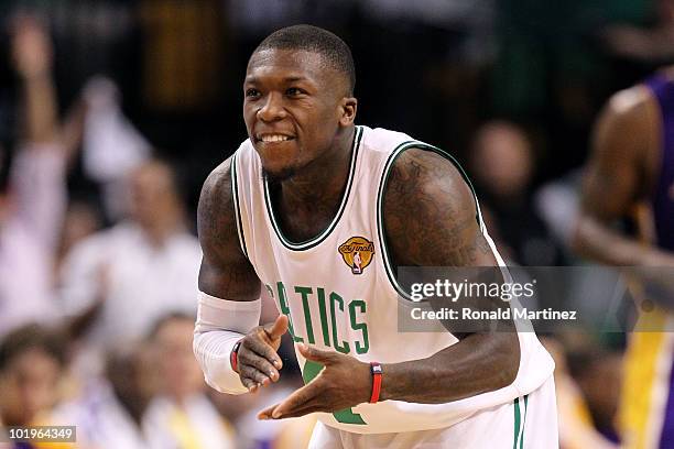 Nate Robinson of the Boston Celltics reacts in the first half against the Los Angeles Lakers during Game Four of the 2010 NBA Finals on June 10, 2010...