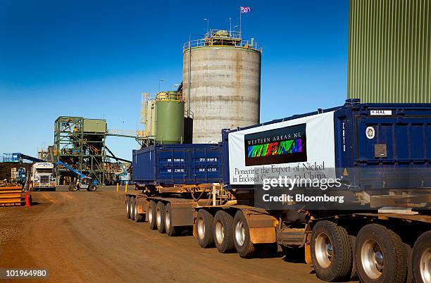 Enclosed containers used in the shipping of nickel ore are parked in front of the Forrestania Cosmic Boy nickel concentrate plant at Western Areas...