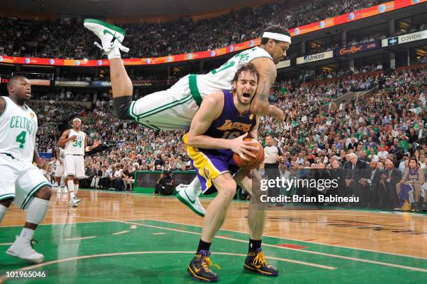 Rasheed Wallace of the Boston Celtics jumps up for the rebound against Pau Gasol of the Los Angeles Lakers in Game Four of the 2010 NBA Finals on...