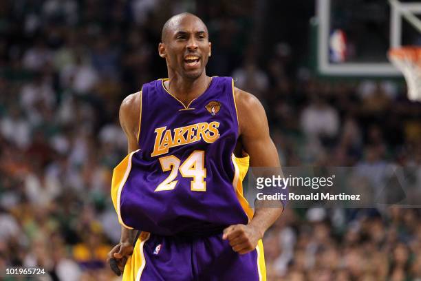 Kobe Bryant of the Los Angeles Lakers reacts against the Boston Celltics during Game Four of the 2010 NBA Finals on June 10, 2010 at TD Garden in...