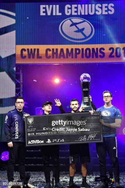 Adam 'Assault' Garcia, Justin 'Silly' Fargo, Bryan 'Apathy' Zhelyazkov and Patrick 'Aches' Price, all of Evil Geniuses, celebrate with the World...