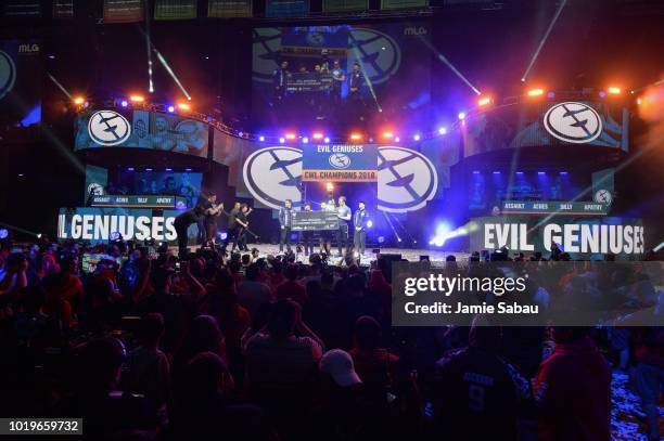 Adam 'Assault' Garcia, Justin 'Silly' Fargo, Bryan 'Apathy' Zhelyazkov and Patrick 'Aches' Price, all of Evil Geniuses, celebrate with the World...