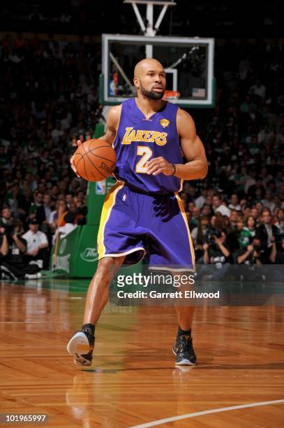 Derek Fisher of the Los Angeles lakers dribbles during Game Four of the 2010 NBA Finals on June 10, 2010 at TD Garden in Boston, Massachusetts. NOTE...