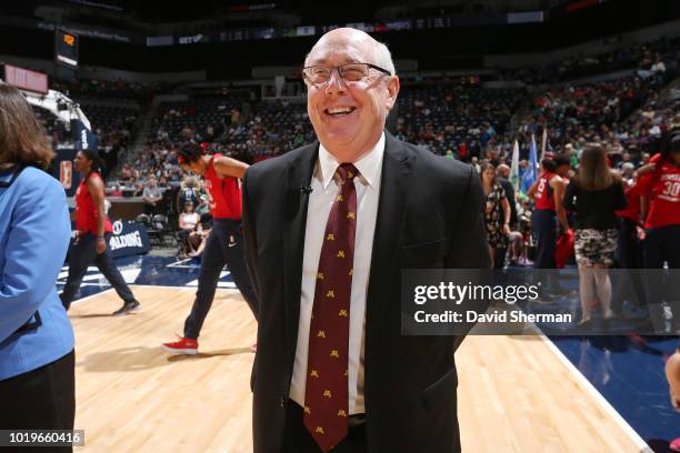 Head Coach Mike Thibault of the Washington Mystics laughs before the game against the Minnesota Lynx on August 19, 2018 at Target Center in...