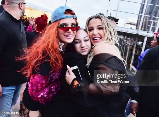 Bella Thorne, Bhad Bhabie, and Tana Mongeau pose backstage during Day 2 of Billboard Hot 100 Festival 2018 at Northwell Health at Jones Beach Theater...