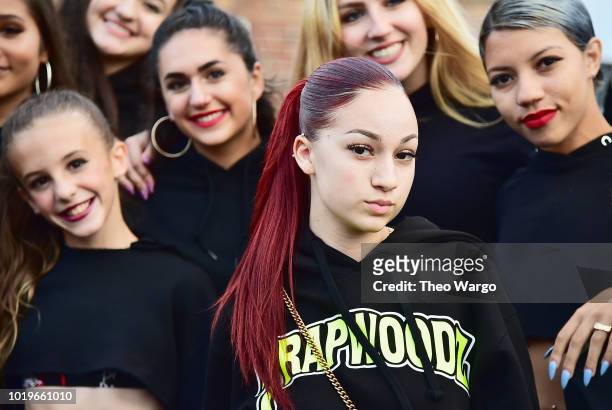 Bhad Bhabie poses with festivalgoers backstage during Day 2 of Billboard Hot 100 Festival 2018 at Northwell Health at Jones Beach Theater on August...