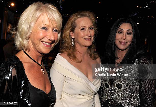 Actresses Helen Mirren, Meryl Streep, and Cher pose in the audience during the 38th AFI Life Achievement Award honoring Mike Nichols held at Sony...
