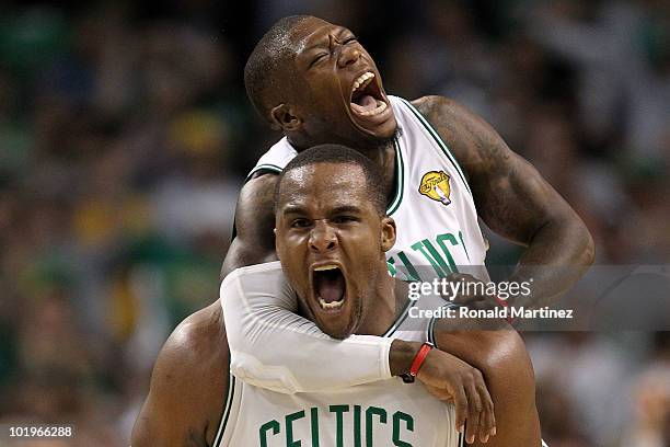 Glen Davis and Nate Robinson of the Boston Celltics react in the fourth quarter against the Los Angeles Lakers during Game Four of the 2010 NBA...