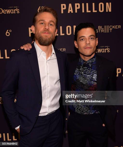 Charlie Hunnam and Rami Malek attend the premiere of Bleecker Street Media's "Papillon" at The London West Hollywood on August 19, 2018 in West...