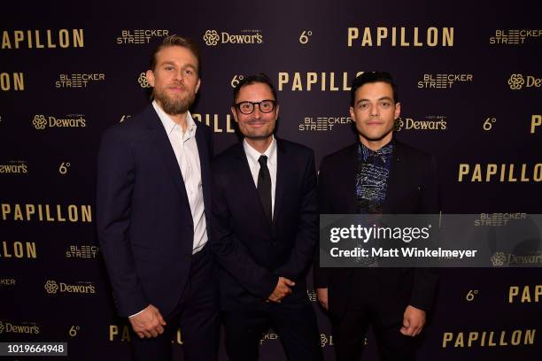 Charlie Hunnam, Michael Noer, and Rami Malek attend the premiere of Bleecker Street Media's "Papillon" at The London West Hollywood on August 19,...